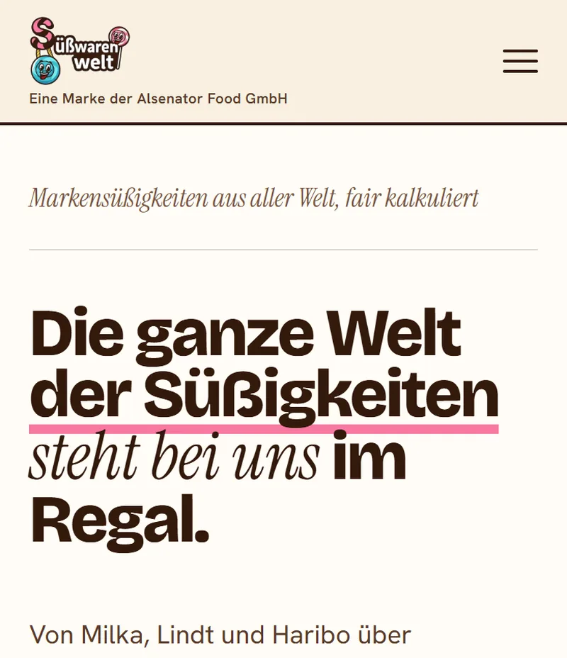 Website von Süßwarenwelt, Süßwarenhandel aus Bergkamen