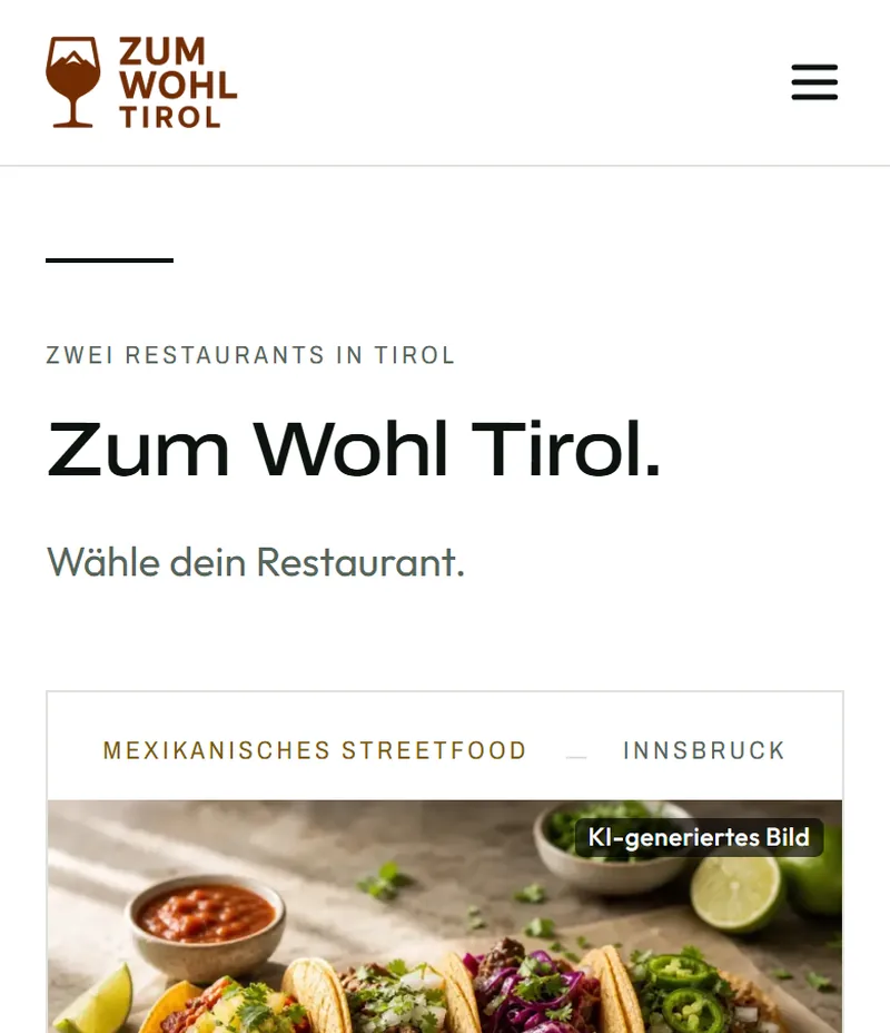 Website von Zum Wohl Tirol mit zwei Restaurants in Innsbruck und Serfaus