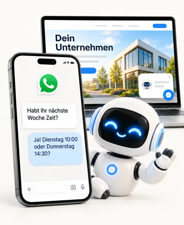 Illustration: Chatbot antwortet in WhatsApp auf die Frage nach einem Termin, dahinter eine Firmenwebsite mit Chat-Fenster