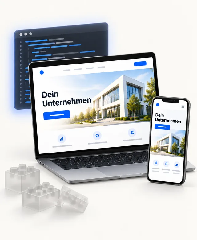 Illustration: individuell programmierte Firmenwebsite auf Laptop und Smartphone neben einem Code-Fenster, ungenutzte Baukasten-Bausteine liegen daneben