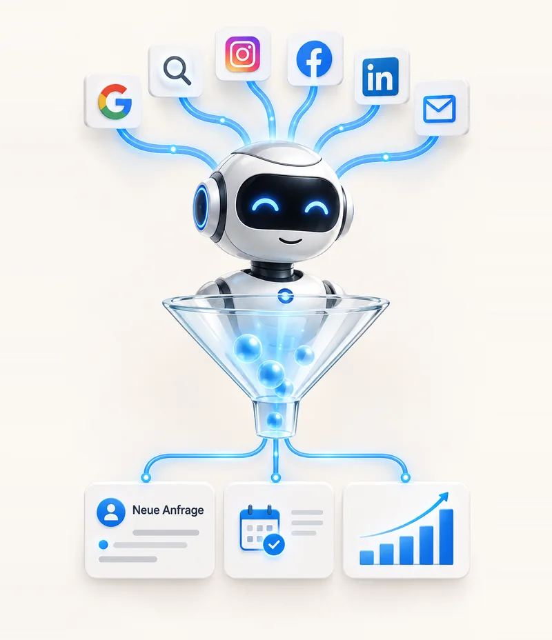 Illustration: KI-Assistent bündelt Anfragen aus Google, Instagram, Facebook, LinkedIn und E-Mail zu neuen Anfragen und Terminen